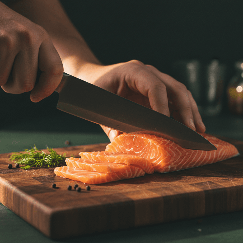 Chef hands slicing fresh salmon